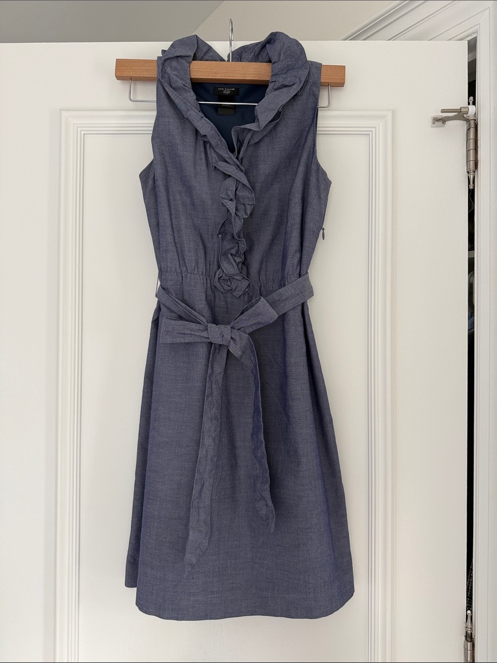 Ann Taylor Sleeveless Ruffle-Front Belted Dress in Chambray Blue